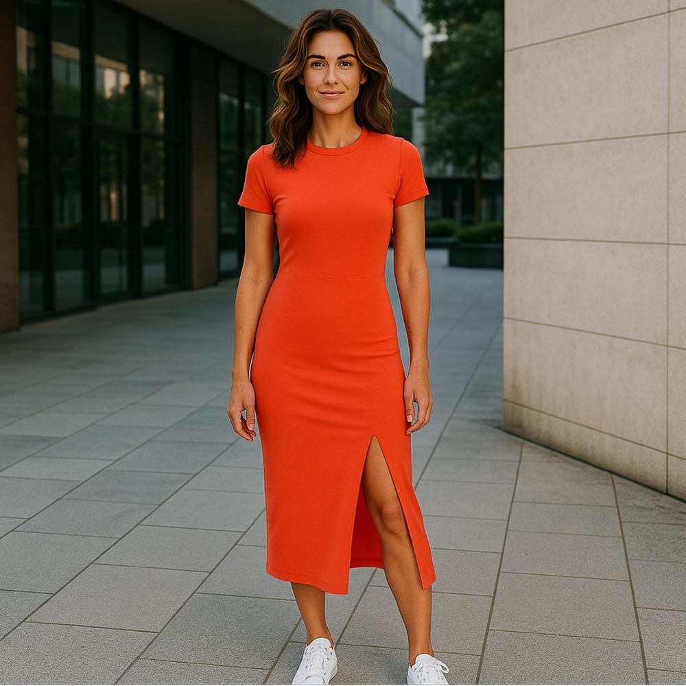 NSF Collins Short-sleeve Midi-dress In Tangelo
